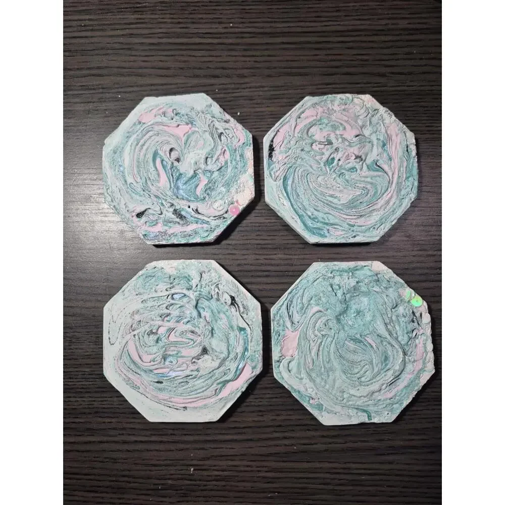 4 Teal/Pink White Marbled Eco Resin Stone Look Hexagon Coasters 4” Handmade